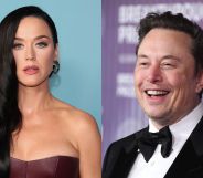Katy Perry on the left in a red, low cut dress and dark hair swept to one side. On the right, ELon Musk in a suit and bow tie laughing.