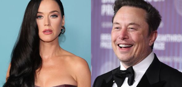 Katy Perry on the left in a red, low cut dress and dark hair swept to one side. On the right, ELon Musk in a suit and bow tie laughing.