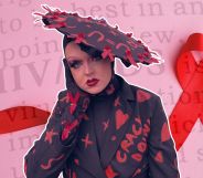 A graphic composed of an image of Kyle Cook, a drag queen and HIV activist, wearing an outfit inspired by HIV history, a red ribbon and a definition from a dictionary about HIV