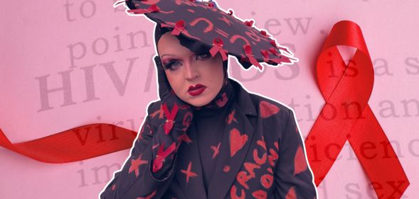 A graphic composed of an image of Kyle Cook, a drag queen and HIV activist, wearing an outfit inspired by HIV history, a red ribbon and a definition from a dictionary about HIV