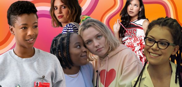 A collage of lesbian TV characters against an orange and pink background with lesbian rainbows going across it.