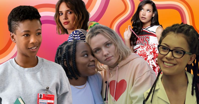 A collage of lesbian TV characters against an orange and pink background with lesbian rainbows going across it.