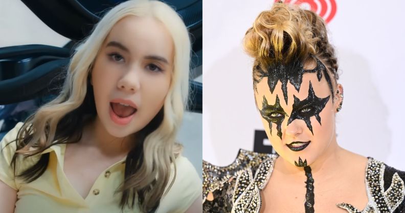 Lil Tay in the "Sucker 4 Green" video wearing a yellow shirt. JoJo Siwa on the red carpet wearing a black and silver mesh bodysuit and KISS inspired makeup.