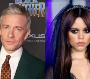 Martin Freeman in a white shirt, patterned tie, green blazer, at a Black Panther event (left) and Jenna Ortega in dark eye makeup and a black veil for the Wednesday premiere (right).