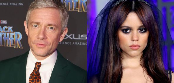 Martin Freeman in a white shirt, patterned tie, green blazer, at a Black Panther event (left) and Jenna Ortega in dark eye makeup and a black veil for the Wednesday premiere (right).
