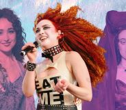 A graphic of Chappell Roan featuring two images of the singer on the red carpet and one of her performing at Coachella.