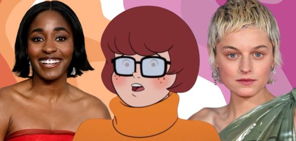 A image featuring the lesbian flag colours on the background, actors Ayo Edebiri and Emma Corrin in the foreground, and Scooby-Doo character Velma.