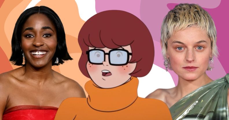 A image featuring the lesbian flag colours on the background, actors Ayo Edebiri and Emma Corrin in the foreground, and Scooby-Doo character Velma.