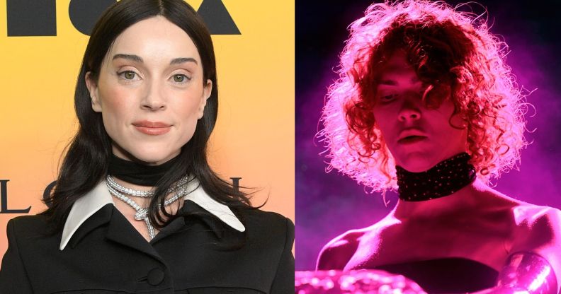 Musician St Vincent smiles in a red jacket and choker. On the left, musician SOPHIE plays in a pink light.