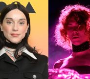 Musician St Vincent smiles in a red jacket and choker. On the left, musician SOPHIE plays in a pink light.