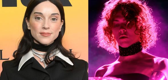 Musician St Vincent smiles in a red jacket and choker. On the left, musician SOPHIE plays in a pink light.