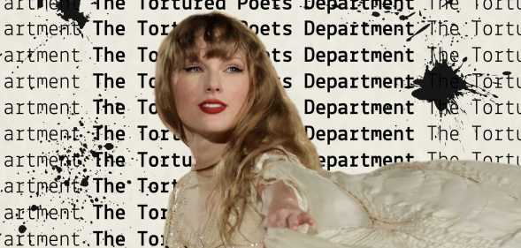 Taylor Swift against a backdrop that reads 'The Tortured Poets Department'