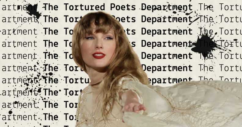 Taylor Swift against a backdrop that reads 'The Tortured Poets Department'