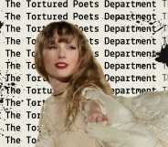 Taylor Swift against a backdrop that reads 'The Tortured Poets Department'