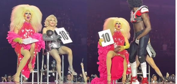 Trixie Mattel sits next to Madonna during the ballroom part of Madonna's Celebration Tour.