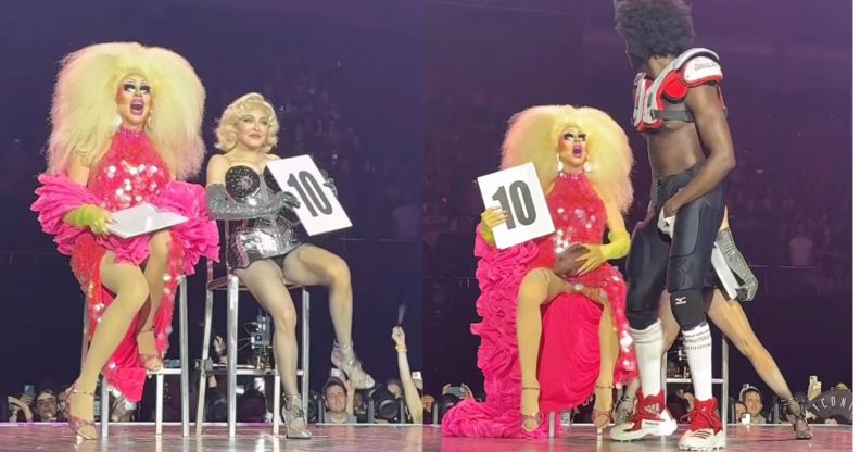 Trixie Mattel sits next to Madonna during the ballroom part of Madonna's Celebration Tour.