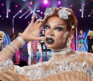 Yvie Oddly sumperimposed against the queens of RuPaul's Drag Race, season 16