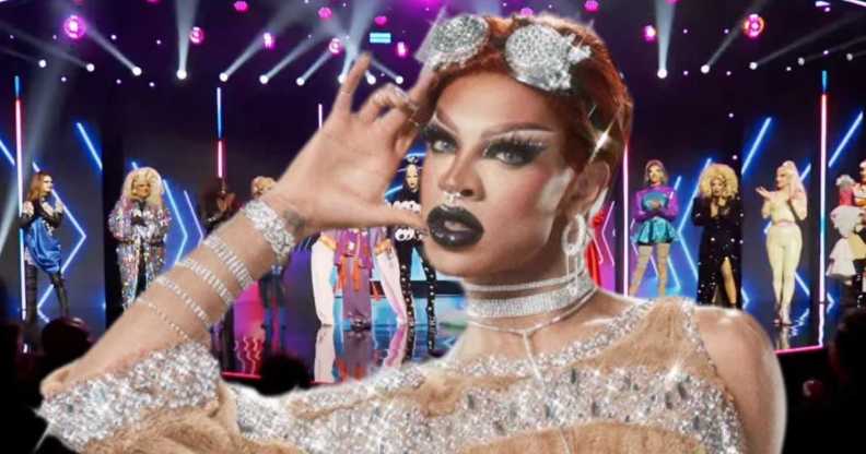 Yvie Oddly sumperimposed against the queens of RuPaul's Drag Race, season 16