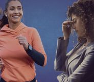 This is a collage image of two women. On the left is a woman jogging. She is wearing a peach colour top and has air pods in and is smiling. The woman on the right is wearing a grey suit and appears depressed and stressed.
