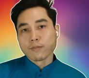 A screenshot of Andy Ngo infront of a rainbow background.