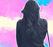 The back of a woman edited into a trans flag.