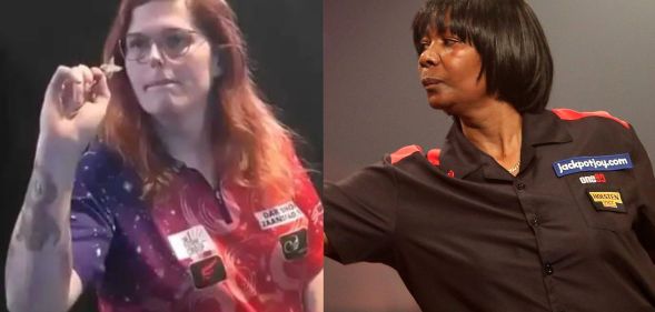 Trans darts player Noa-Lynn van Leuven (left) and British player Deta Hedman (right)