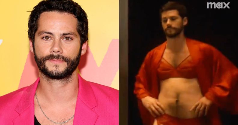 Dylan O'Brien on a red carpet (left) and in lingerie in Fantasmas (right)
