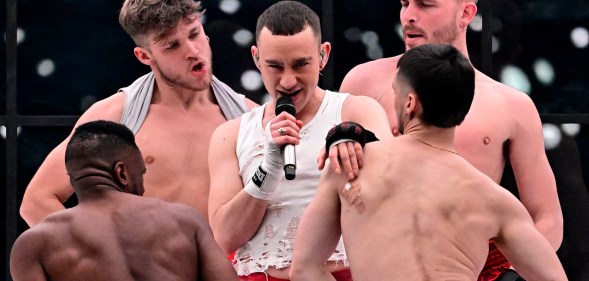 British singer Oliver Alexander Thornton aka Olly Alexander representing the United Kingdom with the song "Dizzy" performs during the dress-rehearsal on the eve of the final of the 68th Eurovision Song Contest (ESC) 2024 on May 10, 2024 at the Malmo Arena in Malmo, Sweden. (Photo by Tobias SCHWARZ / AFP)