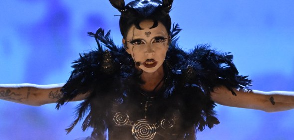 Irish singer-songwriter Bambie Ray Robinson, aka Bambie Thug representing Ireland with the song "Doomsday blue" performs on stage during the first semi-final of the 68th edition of the Eurovision Song Contest (ESC) at the Malmo Arena, in Malmo, Sweden, on May 7, 2024. A week of Eurovision Song Contest festivities kicked off Saturday, on May 4, in the southern Swedish town of Malmo, with 37 countries taking part. The first semi-final takes place on Tuesday, May 7, the second on Thursday, May 9, and the grand final concludes the event on May 11. (Photo by Jessica Gow/TT / TT News Agency / AFP) / Sweden OUT