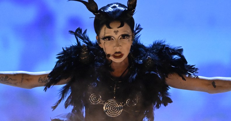 Irish singer-songwriter Bambie Ray Robinson, aka Bambie Thug representing Ireland with the song "Doomsday blue" performs on stage during the first semi-final of the 68th edition of the Eurovision Song Contest (ESC) at the Malmo Arena, in Malmo, Sweden, on May 7, 2024. A week of Eurovision Song Contest festivities kicked off Saturday, on May 4, in the southern Swedish town of Malmo, with 37 countries taking part. The first semi-final takes place on Tuesday, May 7, the second on Thursday, May 9, and the grand final concludes the event on May 11. (Photo by Jessica Gow/TT / TT News Agency / AFP) / Sweden OUT