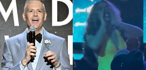 Drag queen Chiquitita (R) interrupted during Ross Mathews' (L) opening speech at the GLAAD Media Awards.