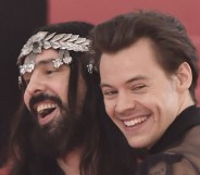 Harry Styles and Alessandro Michele hugging and laughing at the Met Gala