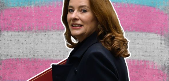 An edited image of Gillian Keegan on top of a trans concrete wall.