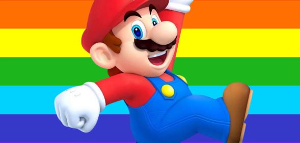 A picture of Mario infront of a Pride flag.