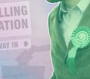 A Green Party candidate next to a polling sign
