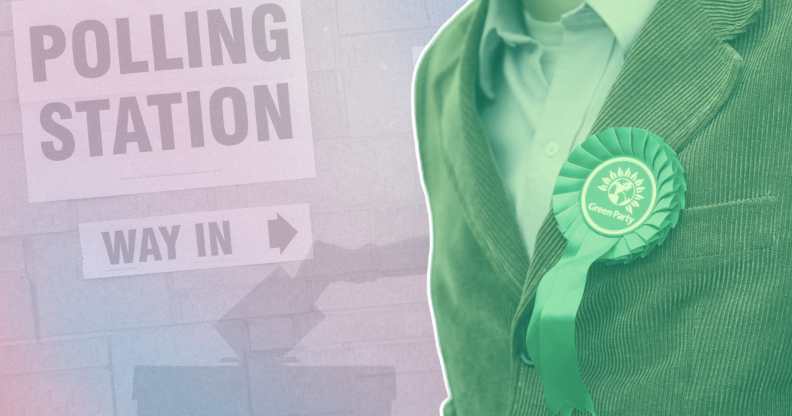 A Green Party candidate next to a polling sign