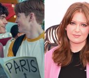 Joe Locke and Kit Connor in a promotional still for Heartstopper season two (left) and Alice Oseman wearing a pink blazer and black top on a red carpet.