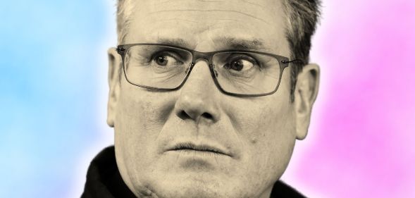 An edited image of Keir Starmer infront of a pink and blue background.