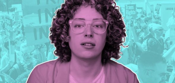 An edited image of Marty Davies in front of a Trans+ History Week banner.