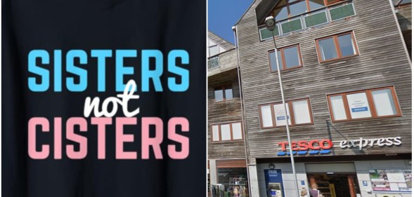 Photo shows a t-shirt logo on the left that says 'sisters not cisters' and a google street view image of the Tesco in falmouth on the right
