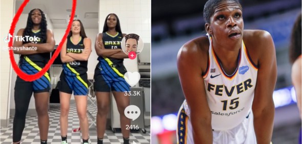 Composite image shows a screenshot from the problematic TikTok video on the left with McCowan circled in red, on the right is a close up shot of her playing in a Dallas Kings match