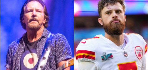 Photo shows Pearl Jam frontman Eddie Vedder on the left and Kansas Chiefs kicker Harrison Butker on the right