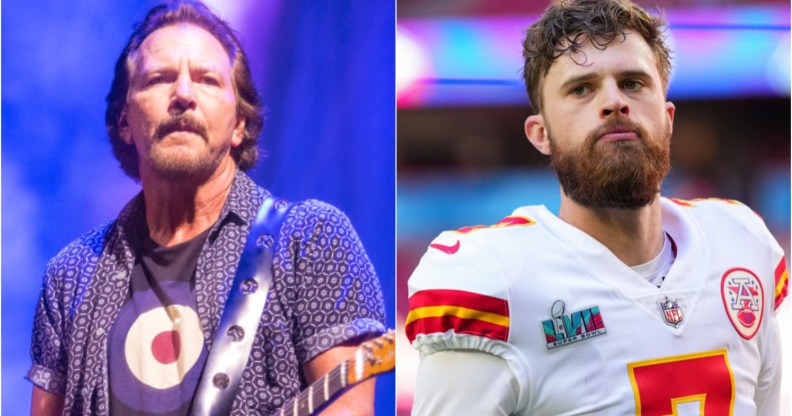 Photo shows Pearl Jam frontman Eddie Vedder on the left and Kansas Chiefs kicker Harrison Butker on the right