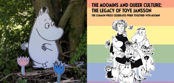 A Moomin character displayed at an outdoor exhibition and trail and Moomin characters and sketch of Tove Jansson against a rainbow backdrop.