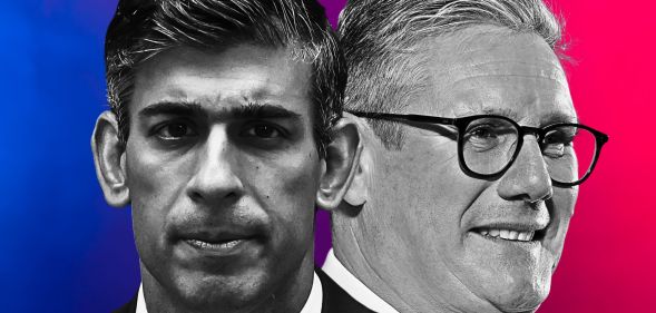 A picture of Rishi Sunak and Keir Starmer photoshopped across a red and blue background.