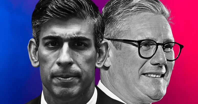 A picture of Rishi Sunak and Keir Starmer photoshopped across a red and blue background.