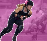 An edited image of a roller-derby competitor on top of a pink background.