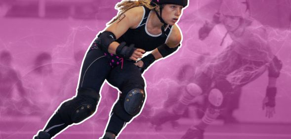 An edited image of a roller-derby competitor on top of a pink background.