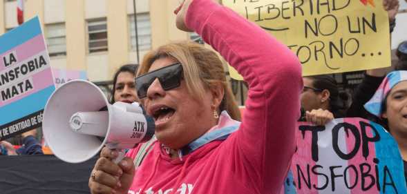 The LGBTQ+ community and its allies protests in front of Peru's health ministry on 17 May against a government decree listing 'transsexualism' as a 'mental disorder'.