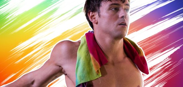 A photoshopped image of Tom Daley infront of a rainbow background.
